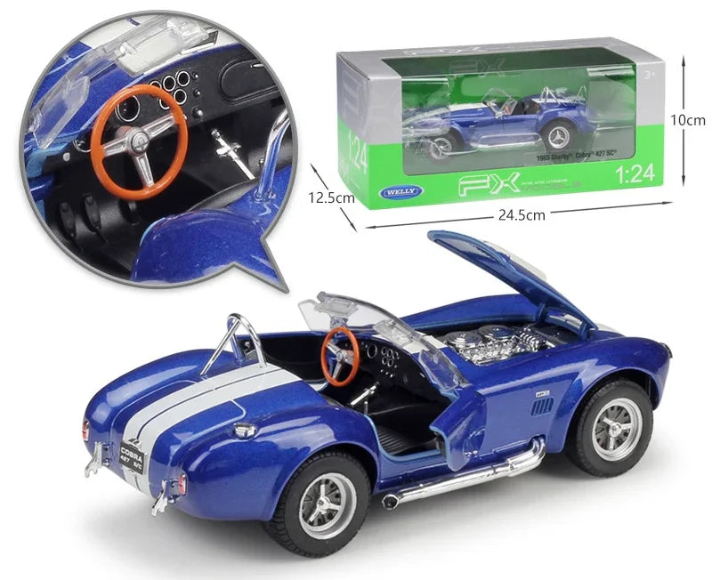 1:24 scale diecast model of a Shelby Cobra 427 S-C, featuring a classic alloy retro design with detailed craftsmanship, ideal for collectors and car enthusiasts.