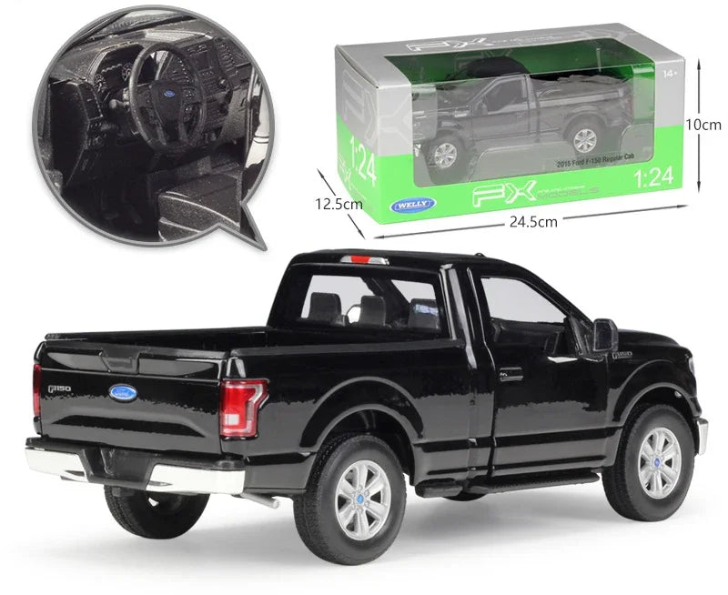 1:24 scale diecast model of a 2015 Ford F150 Regular Cab pickup truck, featuring a detailed metal alloy body and realistic design, 