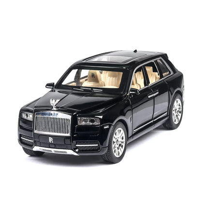 1:24 scale diecast model of a Rolls-Royce Cullinan SUV, featuring high simulation design with detailed metal alloy construction, sound and light effects, and pull-back action, perfect for collectors and luxury car enthusiasts.