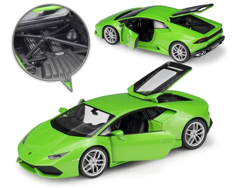 1:24 scale WELLY Diecast Lamborghini Huracan LP610-4 Model Car in Metal Alloy with opening doors and hood, front wheel steering linked with steering wheel, ideal for kids, collectors, and as a gift.