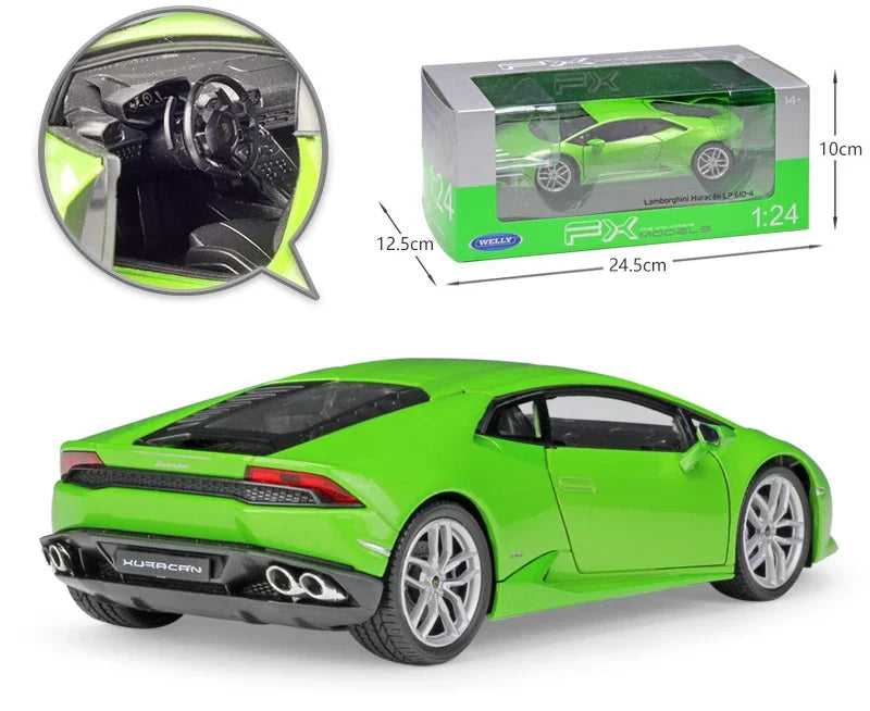 1:24 scale WELLY Diecast Lamborghini Huracan LP610-4 Model Car in Metal Alloy with opening doors and hood, front wheel steering linked with steering wheel, ideal for kids, collectors, and as a gift.