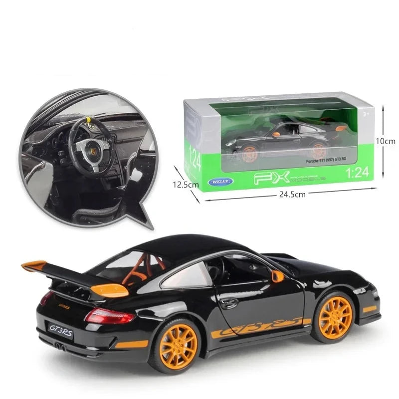 1:24 scale Porsche 911 997 GT3 RS die-cast alloy model car by Welly, featuring realistic details and a sleek design, perfect for collectors.