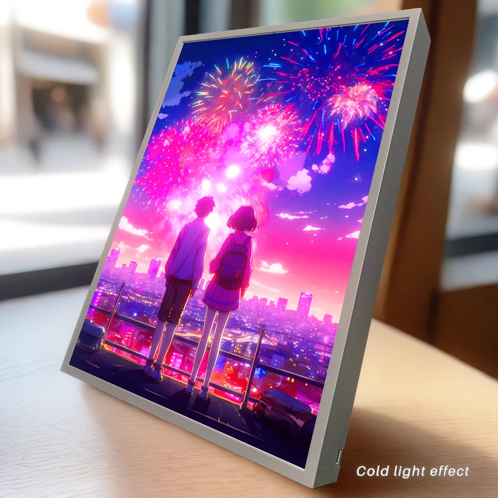 Romantic Anime Couple LED Night Light – Mood Light with Moonlight & Fireworks, Room Decor & Gifts