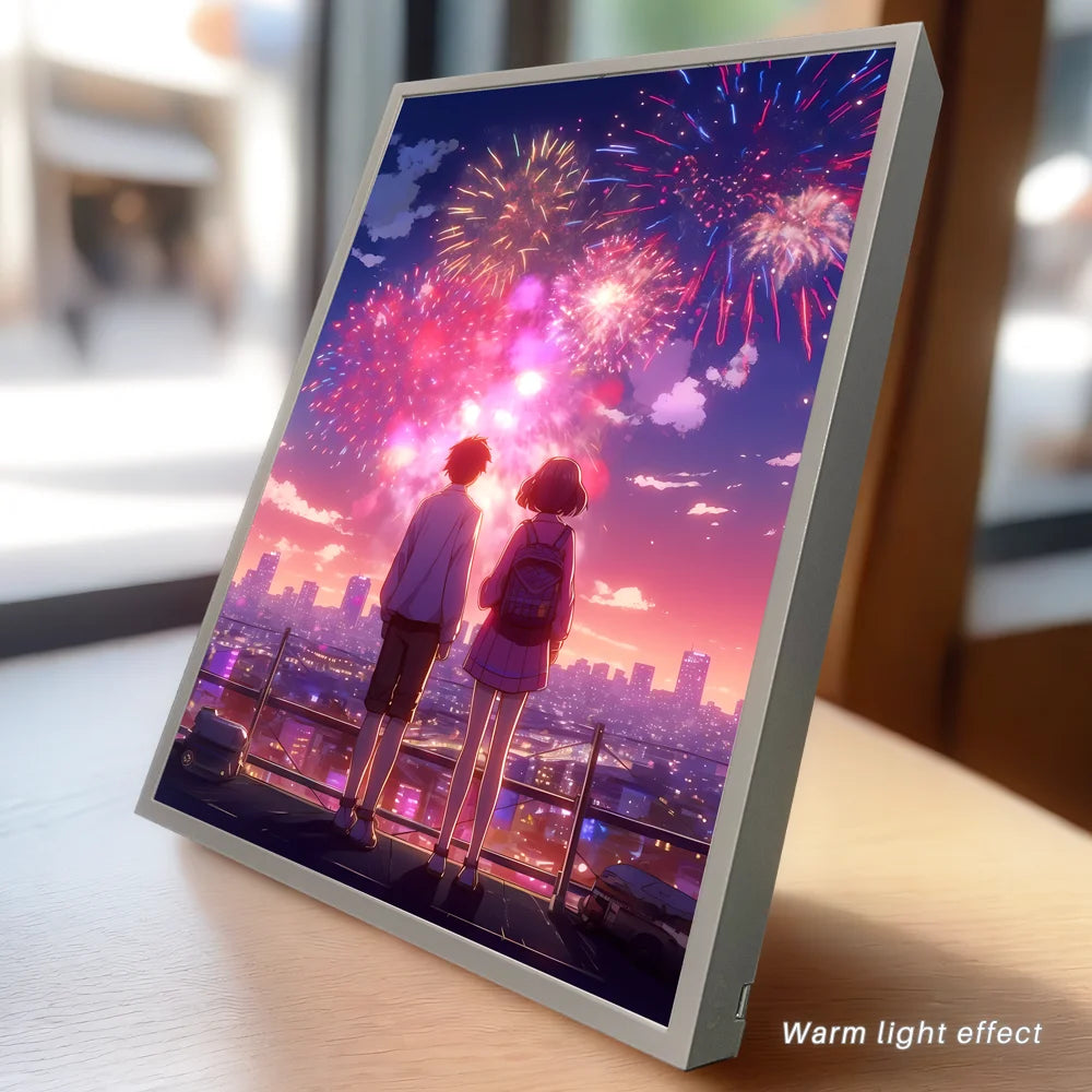 Romantic Anime Couple LED Night Light – Mood Light with Moonlight & Fireworks, Room Decor & Gifts