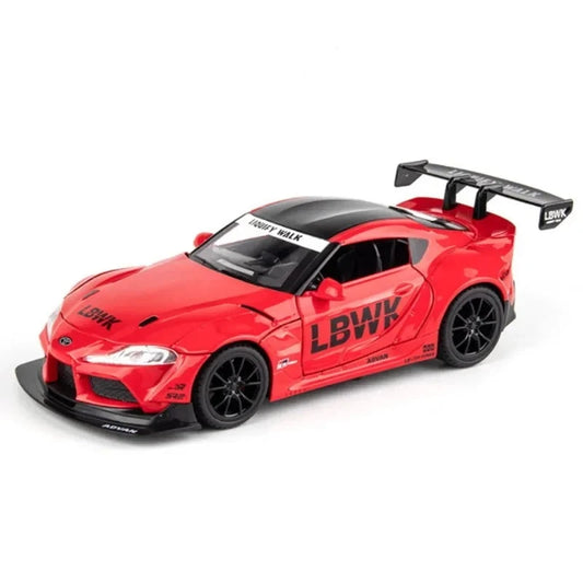 1:24 scale diecast model of a Toyota Supra, featuring alloy construction with realistic sound and light effects, perfect for collectors and sports car enthusiasts.