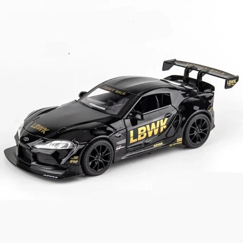 1:24 scale diecast model of a Toyota Supra, featuring alloy construction with realistic sound and light effects, perfect for collectors and sports car enthusiasts.