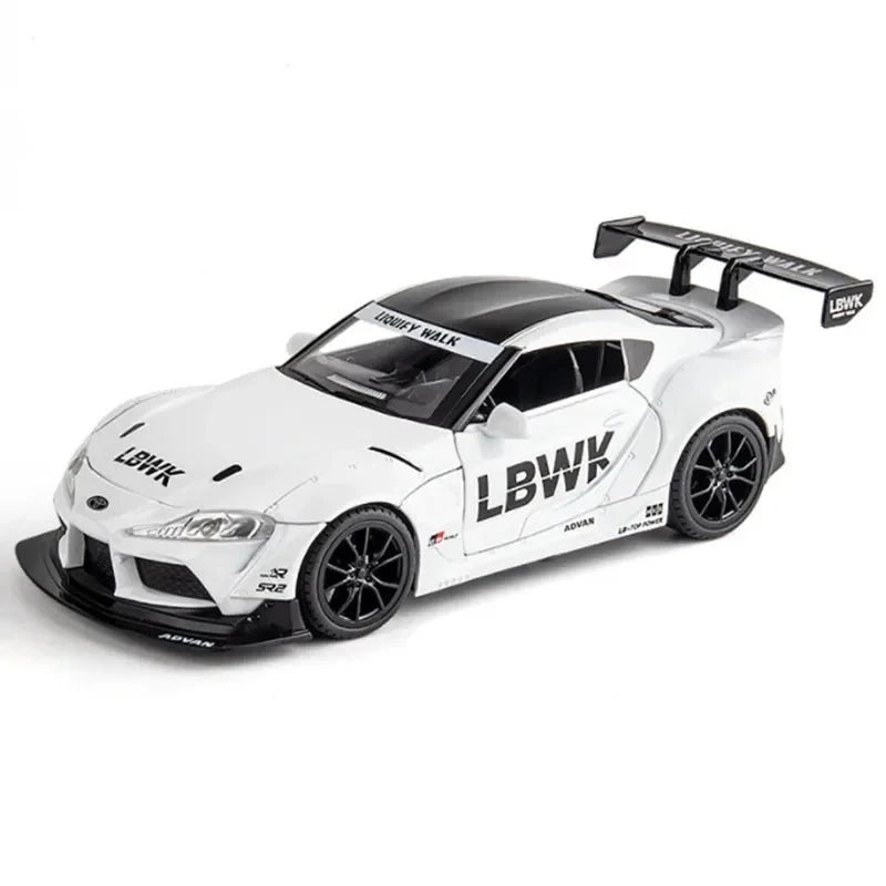 1:24 scale diecast model of a Toyota Supra, featuring alloy construction with realistic sound and light effects, perfect for collectors and sports car enthusiasts.