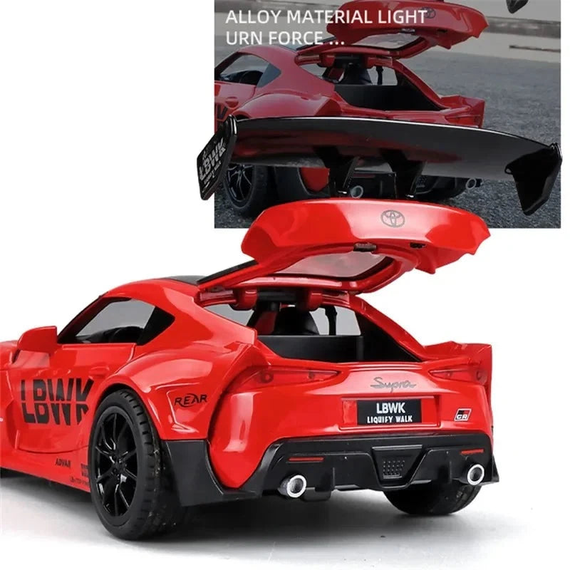 1:24 scale diecast model of a Toyota Supra, featuring alloy construction with realistic sound and light effects, perfect for collectors and sports car enthusiasts.