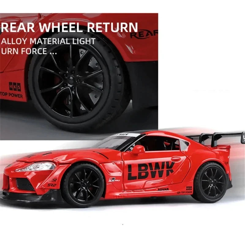 1:24 scale diecast model of a Toyota Supra, featuring alloy construction with realistic sound and light effects, perfect for collectors and sports car enthusiasts.