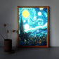 Van Gogh Anime LED Night Light painting with 3 colors, USB dimming, and a wooden photo frame for bedroom or home decor.