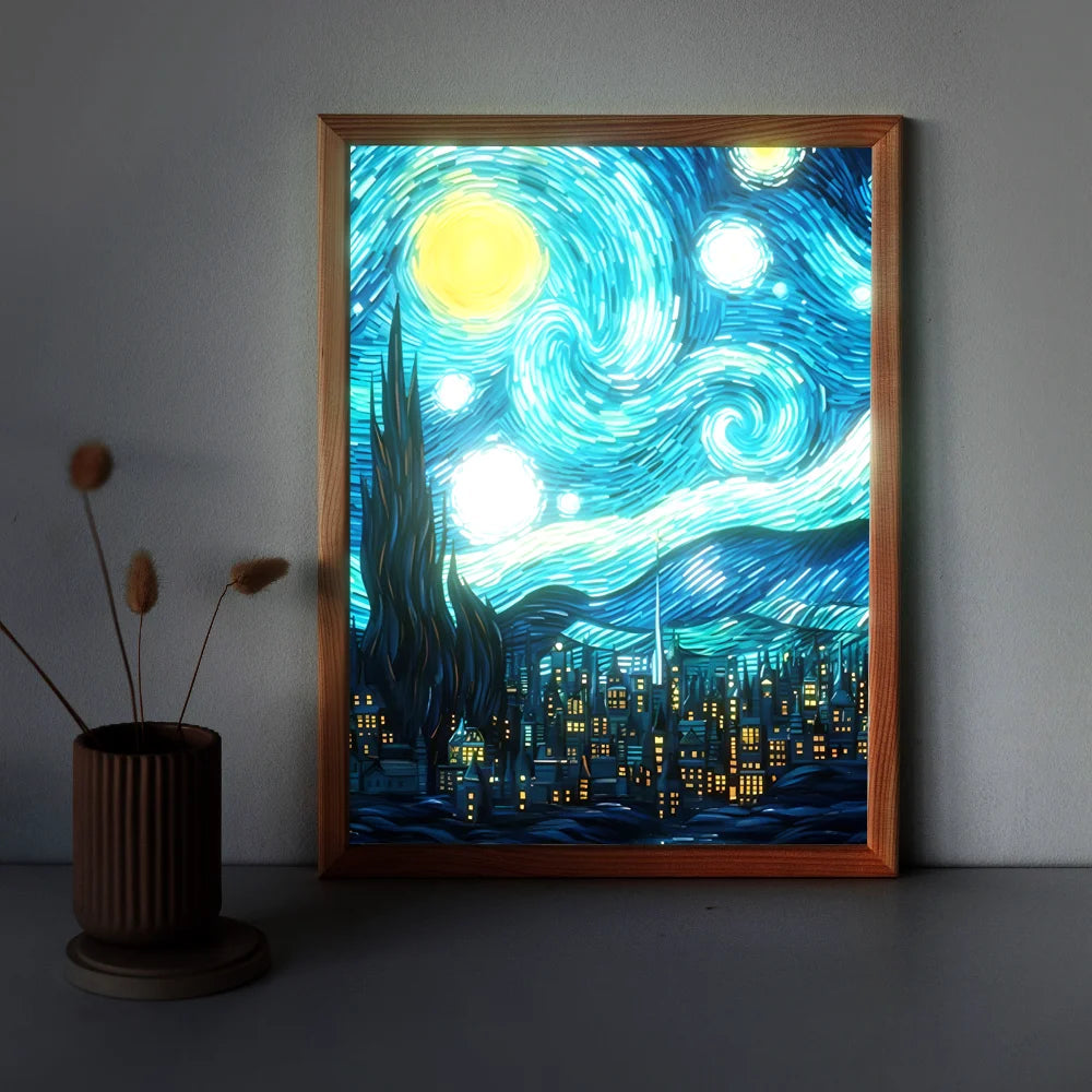 Van Gogh Anime LED Night Light painting with 3 colors, USB dimming, and a wooden photo frame for bedroom or home decor.