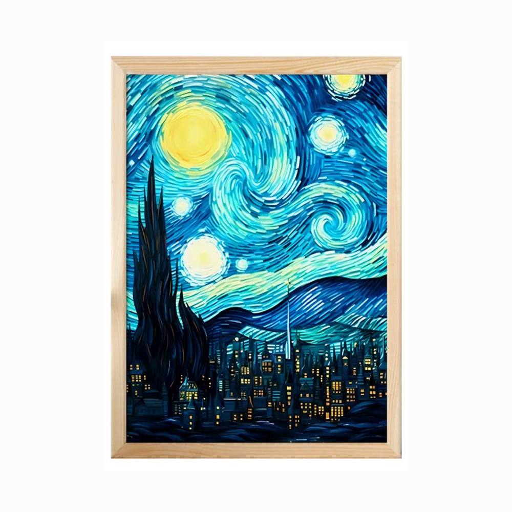 Van Gogh Anime LED Night Light painting with 3 colors, USB dimming, and a wooden photo frame for bedroom or home decor.